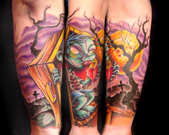 Tattoos - Traditional American tattoos - zombie kid, in coffin and graveyard scene tattoo